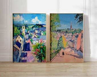 Set of 2 Omagh Posters, Northern Ireland Travel Prints, UK Wall Art, Vintage Style County Tyrone Decor, Omagh Ireland Artwork Poster