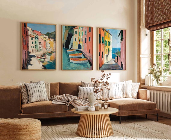 Set of 3 Cinque Terre Posters, Italy Prints, Painted Coastal Wall Art, Cinque Terre Mediterranean Travel Poster, Colourful Landscape Gift