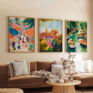 Set of 3 Bangkok Posters, Thailand Travel Posters, Bangkok Skyline Wall Art, Cityscape Prints Set, Modern Bangkok Poster Decor