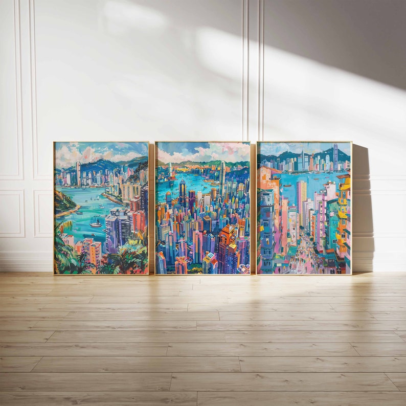 Set of 3 Hongkong Posters, Hongkong Travel Prints, Hongkong Art, Floral