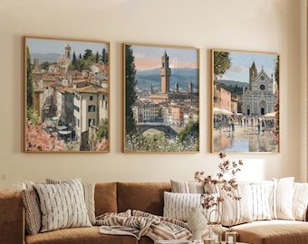 Set of 3 Florence Posters, Italy Travel Wall Art, City Print Set, Modern Architecture Artwork, Tuscan Home Decor, European Landscape Style