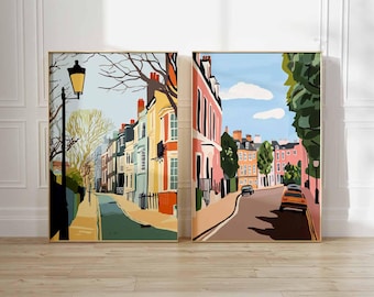 Set mit 2 South Kensington Postern, London Reisedrucke, Stadt Wandkunst UK, England Poster-Set im Vintage-Stil, britische Kunstwerke Wohnkultur