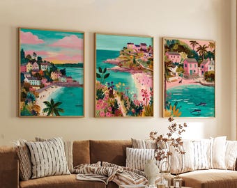 Set of 3 Carbis Bay Travel Posters, Cornwall Coastal Wall Art, UK Beach Prints, Vintage Seaside Decor, Modern Travel Artwork for Home