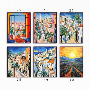 K&ouml;nnte beinhalten: Sechs gerahmte Gem&auml;lde von farbenfrohen Landschaften mit mediterranem Thema. Die Gem&auml;lde zeigen Szenen von Geb&auml;uden, Palmen und blauem Himmel. Die Gem&auml;lde sind von 25 bis 30 nummeriert.