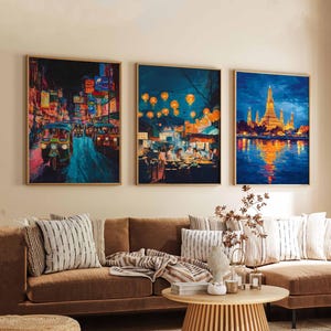 Set of 3 Bangkok Posters, Thailand Travel Posters, Bangkok Skyline Wall Art, Cityscape Prints Set, Modern Bangkok Poster Decor