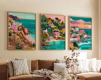 Set of 3 Carbis Bay Travel Posters, Cornwall Coastal Wall Art, UK Beach Prints, Vintage Seaside Decor, Modern Travel Artwork for Home