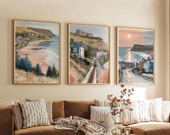Set of 3 Saltburn-by-the-Sea Posters, UK Coastal Wall Art, Seaside Print Set, Beach Decor, Modern Travel Artwork, British Coastal Style