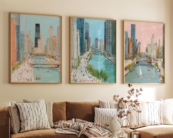 Chicago Illinois Poster Set Of 3 Travel Wall Art Usa City Skyline Lake Michigan Print, Vintage Minimalist Style