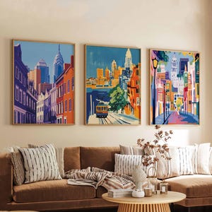 Set of 3 Philadelphia Posters, USA Travel Prints, Pennsylvania Wall Art Sets, City Skyline Posters, Vintage Urban Decor Prints
