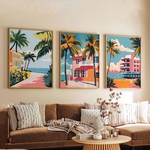 Set van 3 Miami-posters, Florida-reisafdrukken, strand muurkunst sets, kleurrijk decor skyline poster, kuststad print cadeau