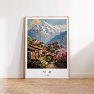 May include: A vintage travel poster featuring a colorful illustration of a village nestled in the Himalayas, with snow-capped mountains in the background. The poster reads "NEPAL ASIA".