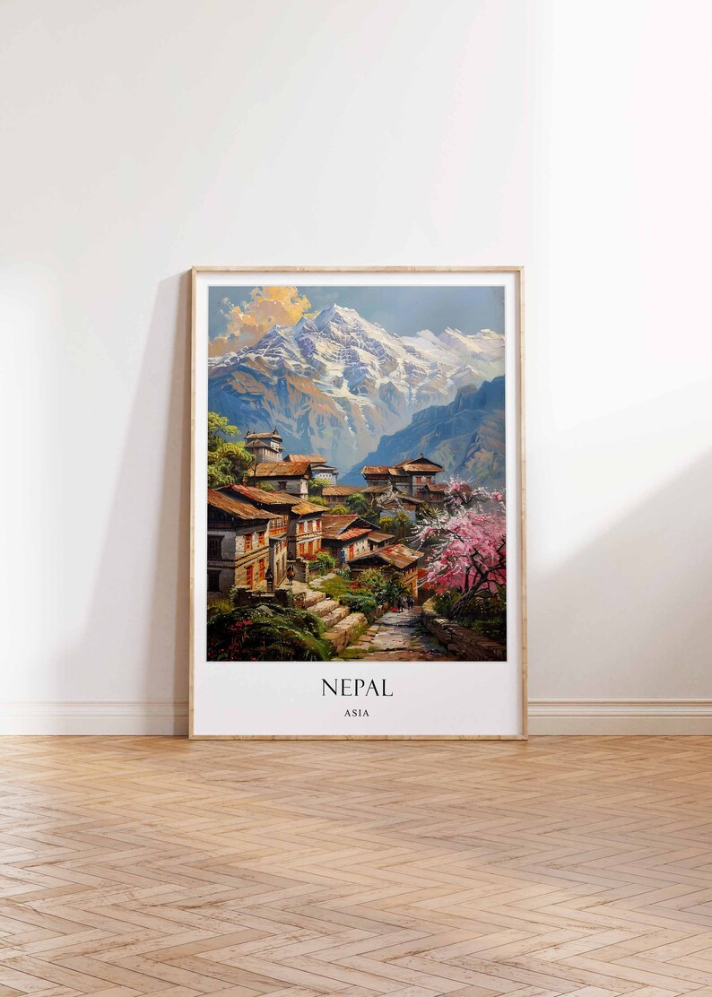 May include: A vintage travel poster featuring a colorful illustration of a village nestled in the Himalayas, with snow-capped mountains in the background. The poster reads "NEPAL ASIA".