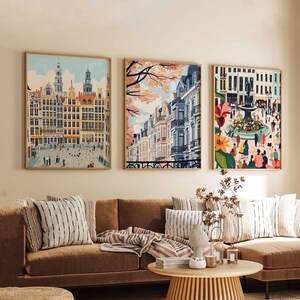 Set of 3 Brussels Posters, Belgium Travel Posters, Brussels Wall Art, Cityscape Prints Set, European Landmark Poster Decor