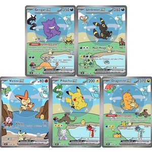 May include: Five Pokémon trading cards featuring Gengar, Umbreon, Victini, Pikachu, and Dragonite. Each card has a unique illustration with a colorful background. The cards display character names, abilities, and numerical values, with a playful, cartoonish style.