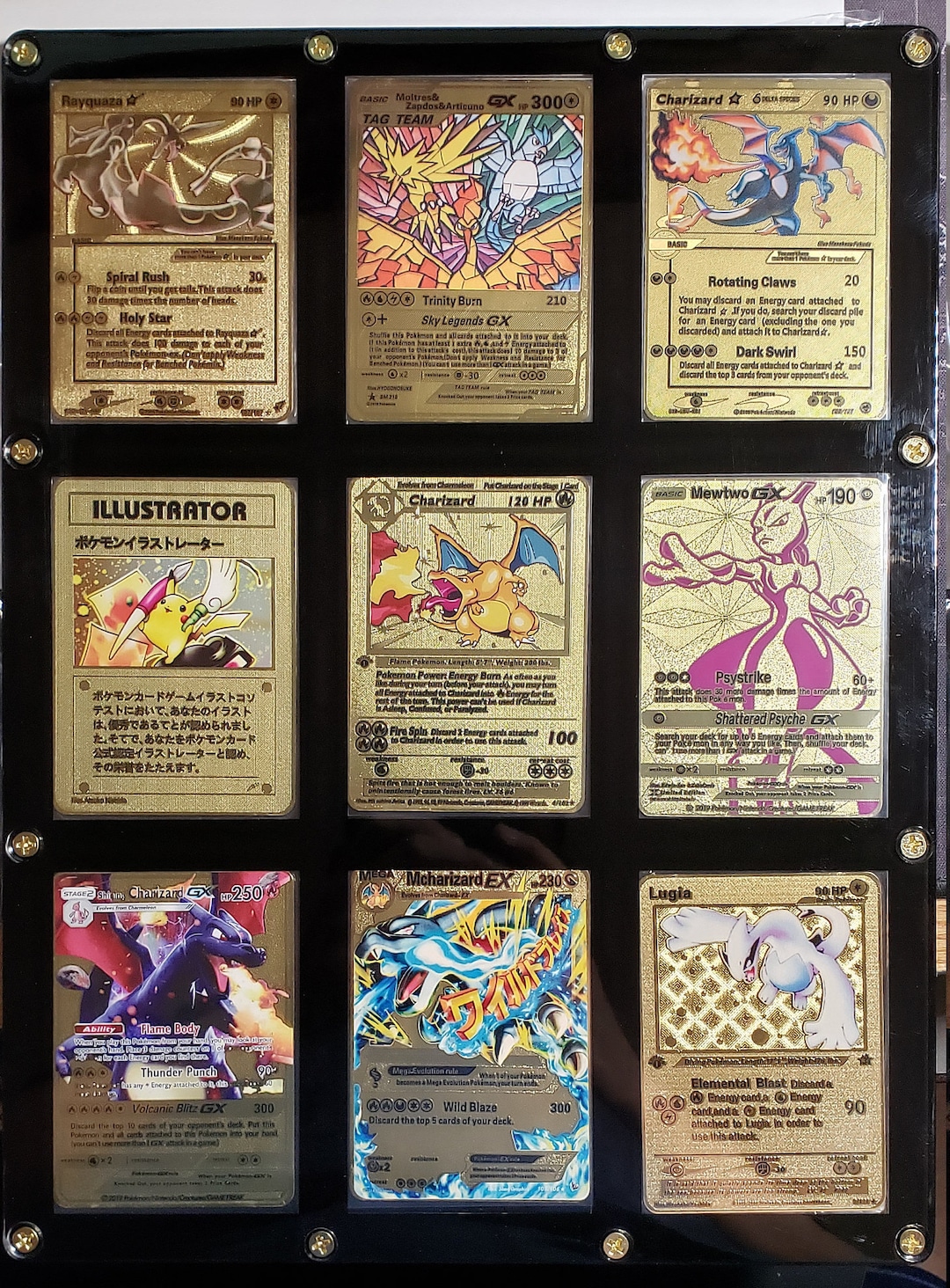9 Ultra Rare Pokemon Cards Gold Metal Custom Cards in Screw Down Display Case Rayquaza Moltres
