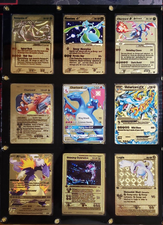 9 Ultra Rare Pokemon Cards - Gold Metal Custom Cards in Screw Down Display  Case Rayquaza Mewtwo Mega Charizard Typhlosion Gyarados Lugia