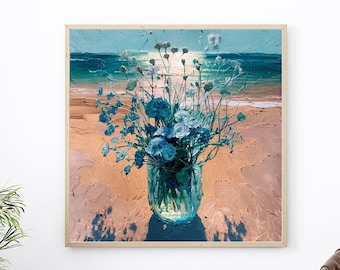Blaue Blumen Ölgemälde: Original Stillleben, große Leinwand
