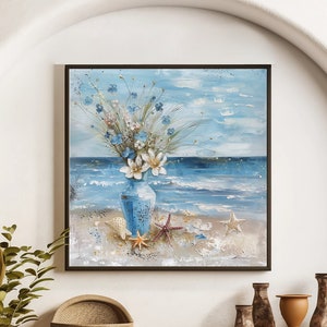 Vintage Seaside Landscape Painting, Flower Still Life Painting, Original Impasto Painting, Hand Painted Textured Painting On Canvas