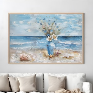 Vintage Textured Flower Painting, Original Impasto Floral Painting, Hand Painted Sea Landscape Painting, Still Life Flower Vase Painting