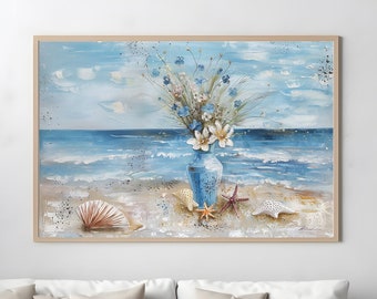 Pintura floral original de empasto: paisaje marino con textura vintage