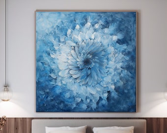 Abstract Impasto Flower Painting: Original Blue Textured Floral Art