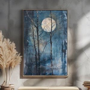 Large Forest Landscape Oil Painting On Canvas, Original Night Moon Scenery Painting, Hand Painted Canvas Wall Art, Wall Hanging, Wall Décor