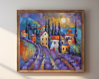 Pintura al óleo de campo de lavanda: lienzo de paisaje de pueblo para pared