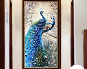 Peacock Oil Painting on Canvas - Large 3D Texture Wall Art - Wall Decor for Entryway, Good Fortune Peacock Best for Housewarming Gift