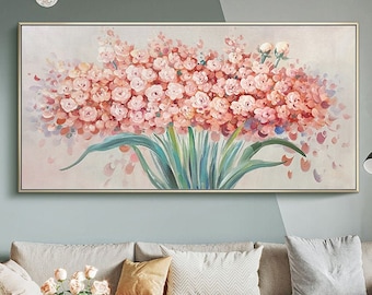Pintura al óleo floral pintada a mano: flores florecientes empastadas sobre lienzo