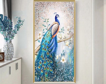 Good Fortune Peacock Oil Painting on Canvas -Original Oil Painting - Wall Decor for Entryway, Living Room, Perfect for Housewarming Gift