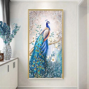 Good Fortune Peacock Oil Painting on Canvas -Original Oil Painting - Wall Decor for Entryway, Living Room, Perfect for Housewarming Gift