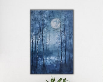 Original Night Moon Oil Painting: Blue Forest Landscape on Canvas