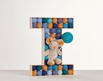 Blue/Brown Letter With Mouse | Wooden Wall Letters | Pom Pom Letters | Felt Ball Wall Letters | Nursery Decor | Kids Room Decor