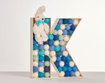 Blue Letter With a Bunny | Wooden Wall Letters | Pom Pom Letters | Felt Ball Wall Letters | Nursery Decor | Kids Room Decor