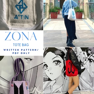 May include: A crochet tote bag with a blue and white geometric design and the text "ATIN" on the front. The bag is shown in three different settings, including a person wearing the bag.