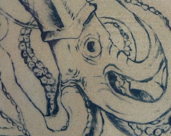 Handgemachte Original Tintenfisch Illustration auf Keramik Plaque