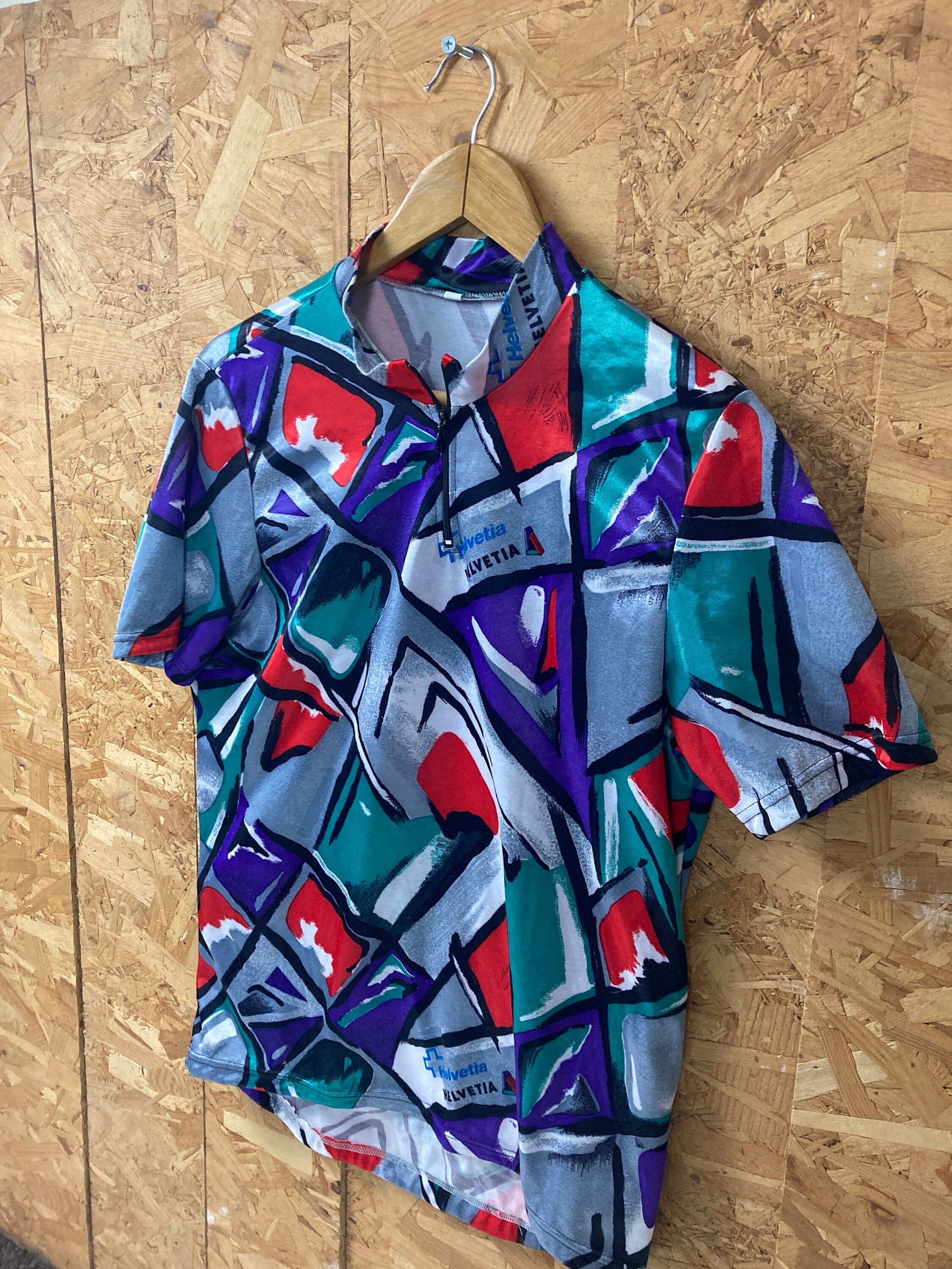 Vintage 00s Helvetia Swiss Team Abstract Art Green Red Grey Tour