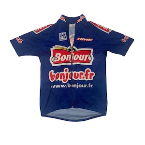Vintage jaren 90 Italiaanse Bonjour sms Santini fietstrui blauw rood maat UK S
