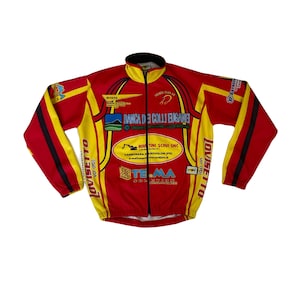Vintage 90s Italian made windtex Veloce Club VO Vuelta Italia Tour de France style long sleeve cycle jersey yellow black red size small