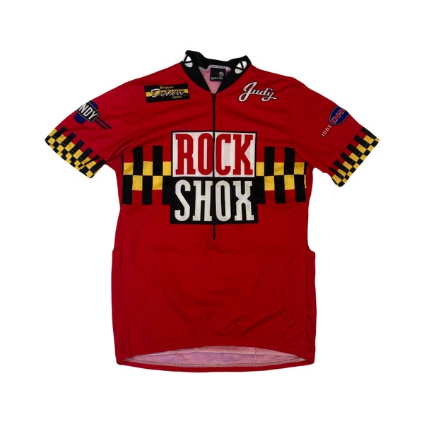 Vintage 90s mountain bike Rock Shox Judy cycle jersey red black yellow size large