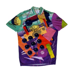 Vintage 90s Rudy project ‘keep away from the stones’ abstract art cycle jersey purple green orange size large
