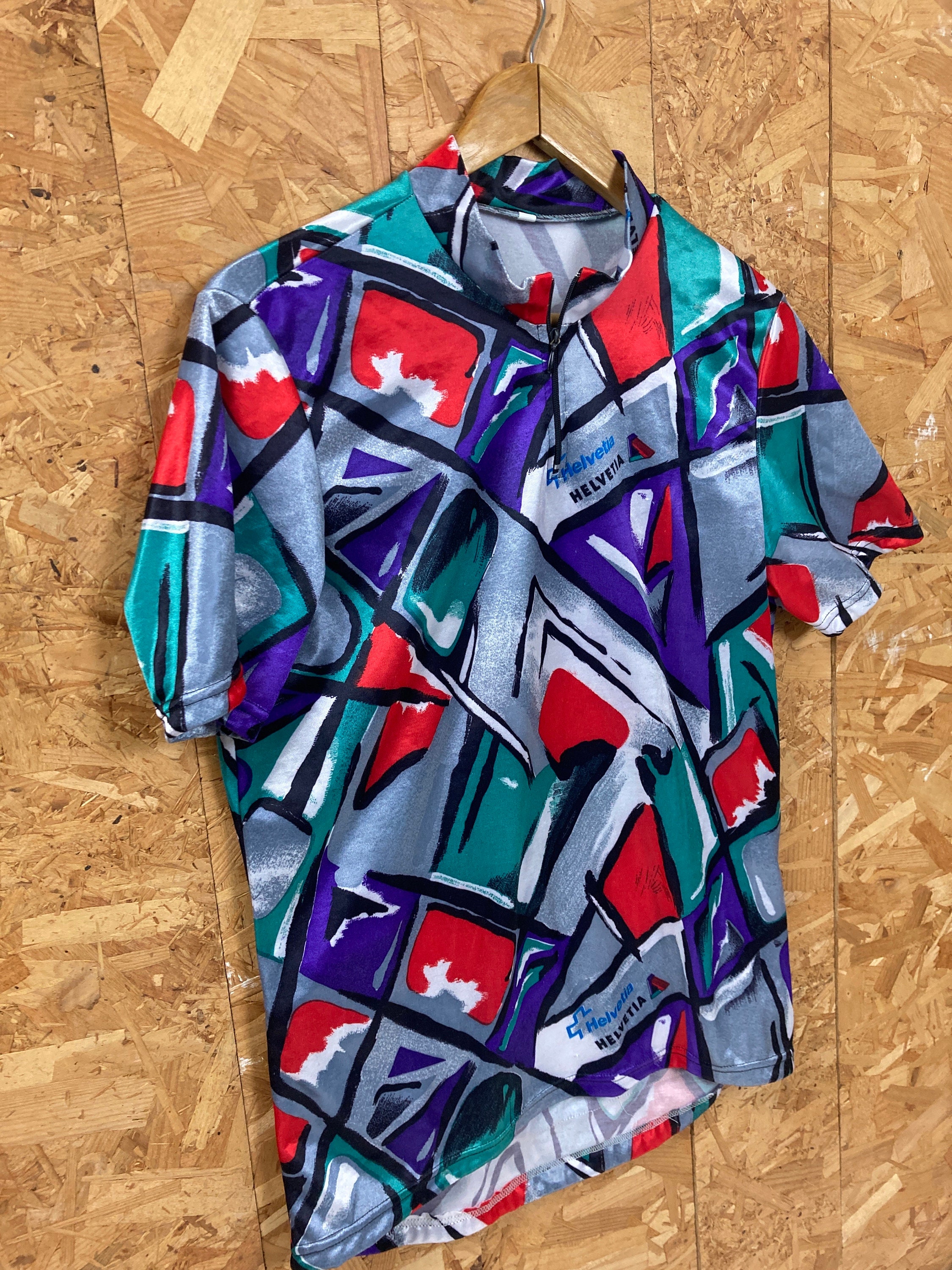 Vintage 00s Helvetia Swiss Team Abstract Art Green Red Grey Tour