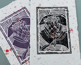 Protea Linocut Printed on Original Handmade Recycled Paper