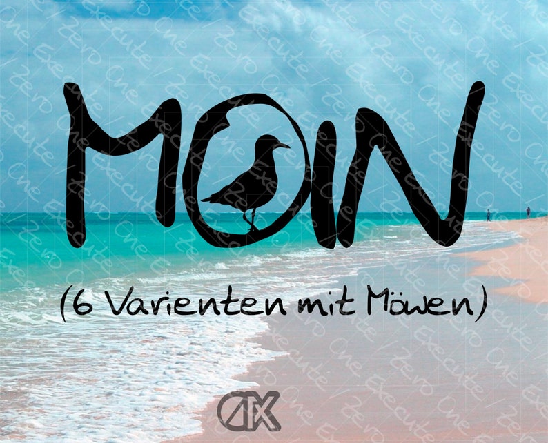 Puede incluir: Dise&ntilde;o gr&aacute;fico en blanco y negro con la palabra "MOON" en estilo manuscrito. Un c&iacute;rculo con una silueta de gaviota est&aacute; dentro de la letra "O". El texto "(6 Varienten mit M&ouml;wen)" est&aacute; debajo de la palabra "MOON".