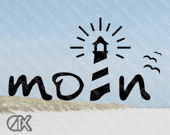 Moin come faro e gabbiani, saluto tedesco al nord, download digitale come [svg, png, jpg, esp, pfd, webp] (senza sfondo)