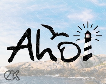 Ahoy con faro e gabbiano, testo tedesco settentrionale, download digitale come .svg .png .jpg .esp .pfd e .webp (senza sfondo)