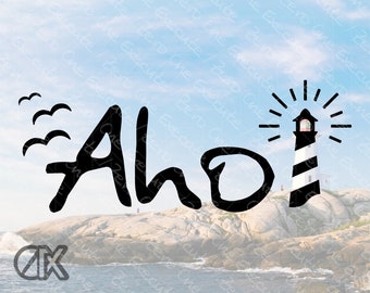 Ahoy con faro e gabbiani, testo tedesco settentrionale, download digitale come .svg .png .jpg .esp .pfd e .webp (senza sfondo)