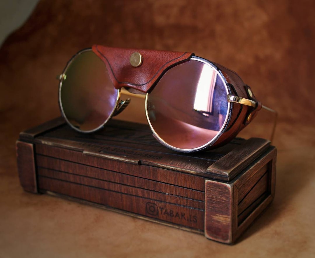 Tabak Leather Side Shield Sunglasses, With Handmade Wooden Case, Leather Side Shields, Rare