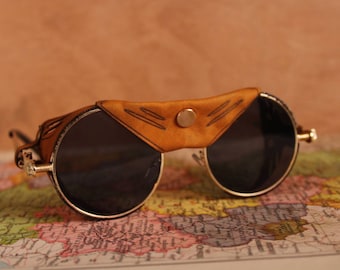 Gafas de sol de escudo lateral de cuero Tabak Hechas a mano, únicas.