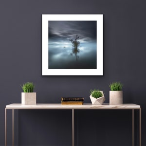 May include: A framed photograph of a single tree standing in a body of water with a cloudy sky above. The water is calm and reflects the sky and tree. The photograph is in a white frame and is hanging on a dark gray wall.
